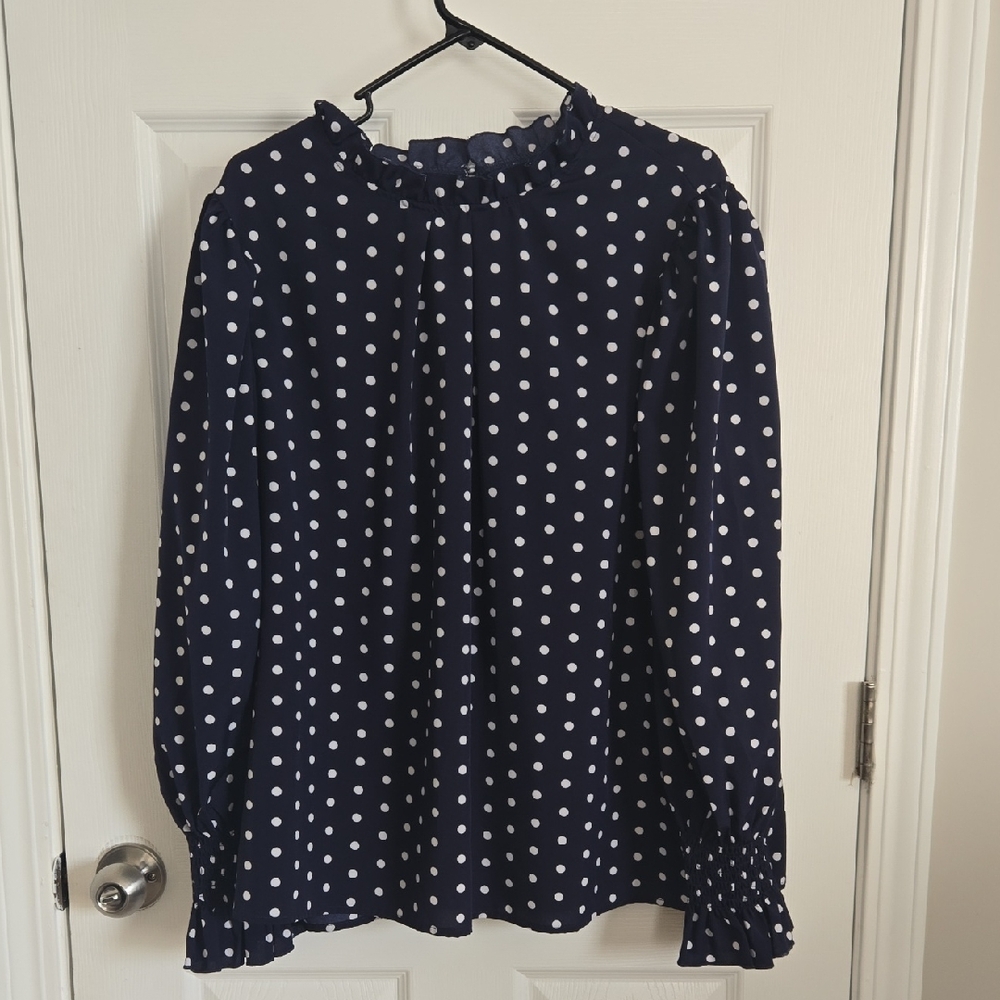 SHEIN Navy and White Polka Dot Long-Sleeve Blouse